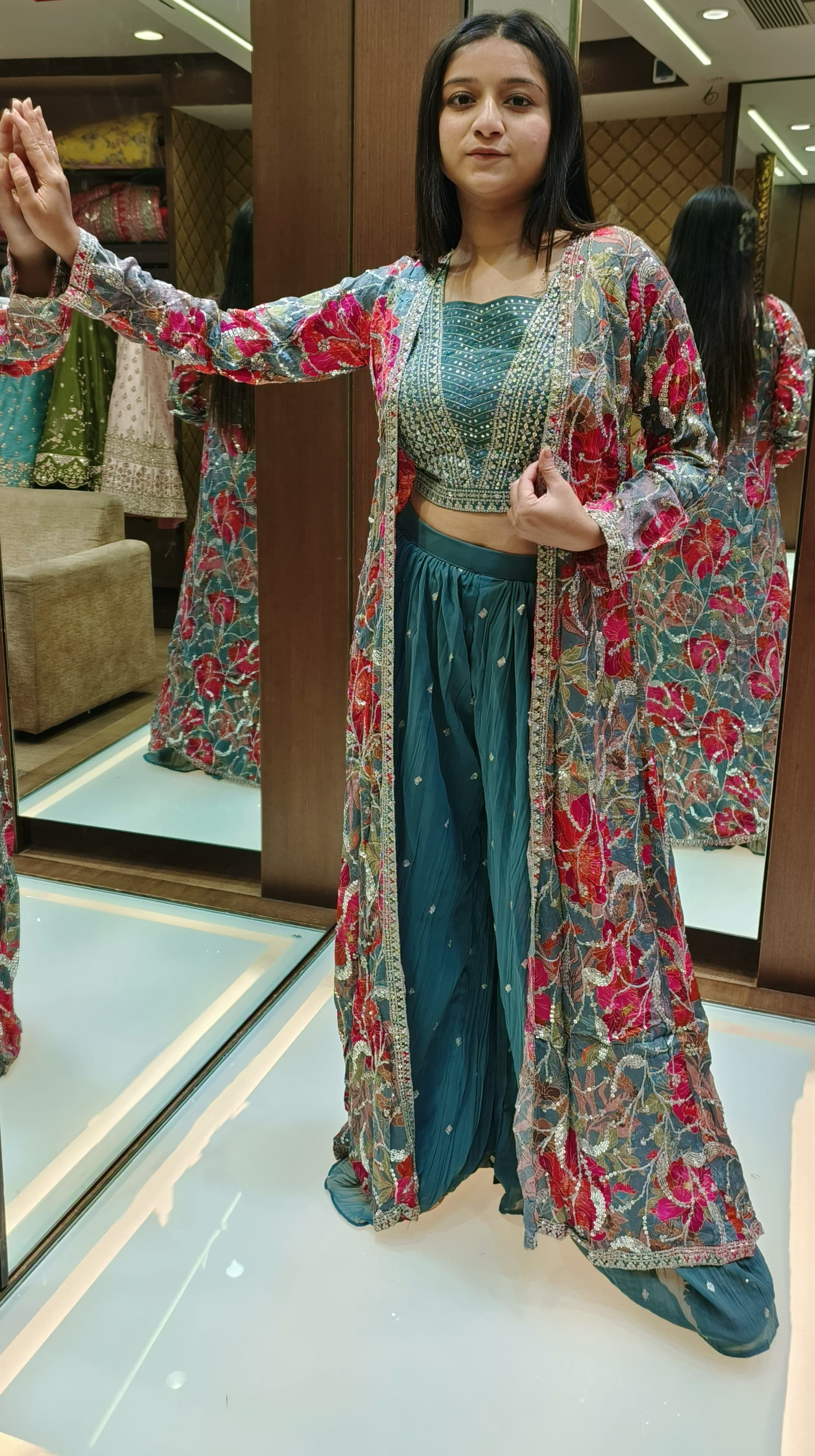 Green Color Georgette Sequins Work Plazzo Suit With Shrug